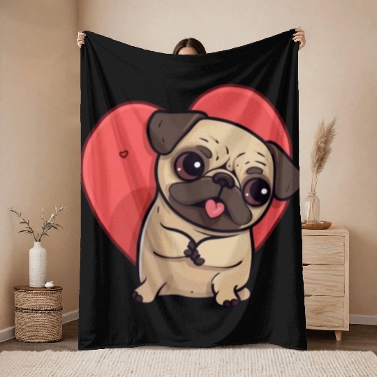Cute Pug in Love, Big Heart Throw Blankets