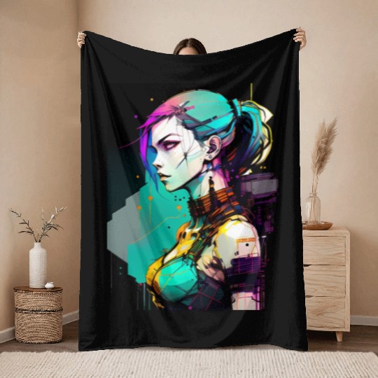 Bold and Beautiful Cyberpunk Girl with Teal Hair Throw Blankets