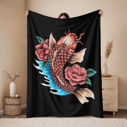 Koi Fish and Roses Throw Blankets