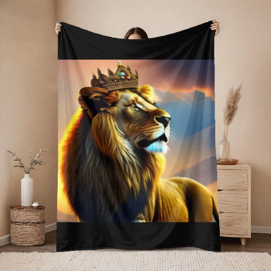 Majestic Lion with Crown Throw Blankets