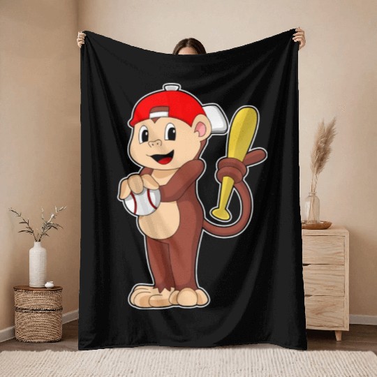 Monkey At Baseball With Baseball Bat Throw Blankets