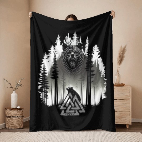 Grizzly bear Bear Valknut Wotan knot Forest Viking Throw Blankets