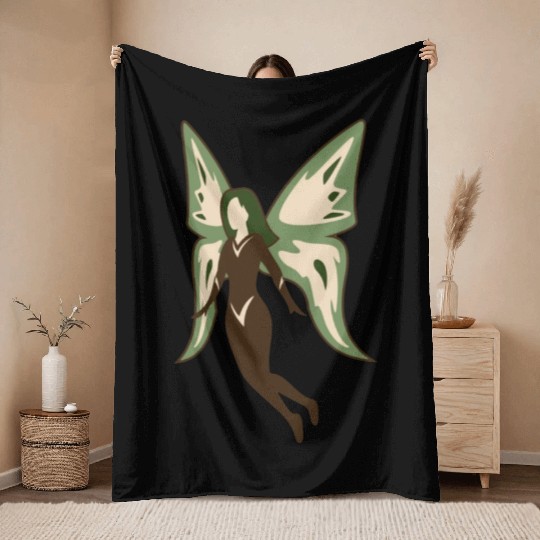 woman with green and white butterfly on her back Throw Blankets