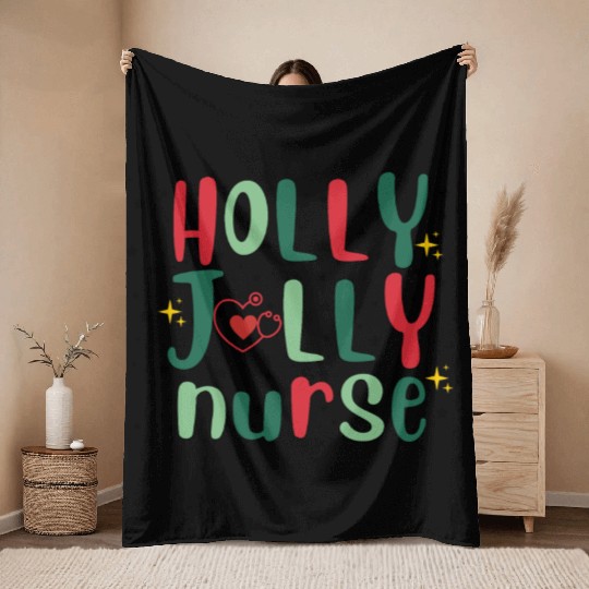 HOLLY JOLLY NURSE 3 Throw Blankets