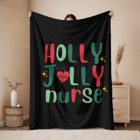 HOLLY JOLLY NURSE Throw Blankets