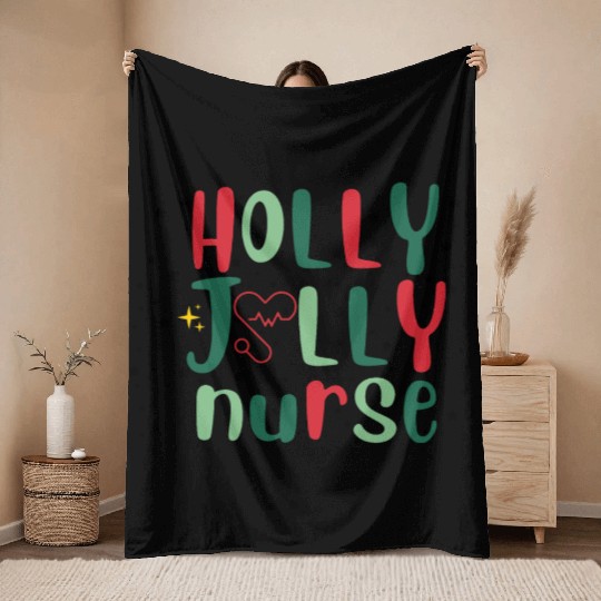 HOLLY JOLLY NURSE Throw Blankets