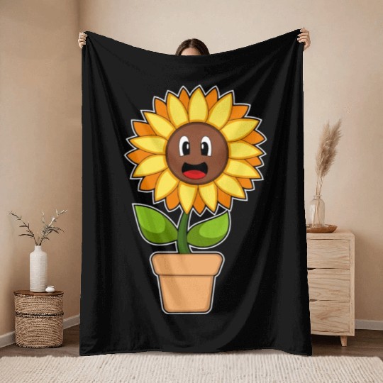 Plant Pot Sunflower Flower Throw Blankets