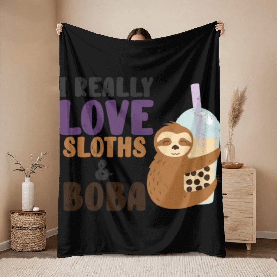 Cute Lazy Sloth Boba Tea Sweet Bubble Tea Throw Blankets