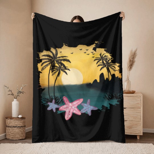 Beach Sunset Watercolor Design Sublimation Art 5 Throw Blankets