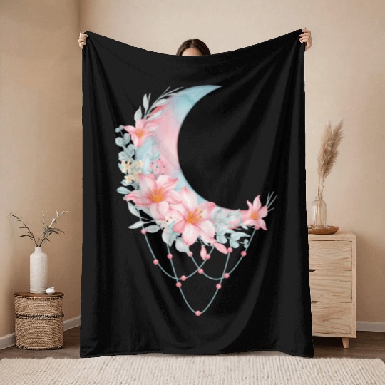 Crescent Floral Moon Throw Blankets