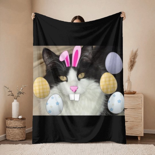 Easter Bunny Cat Face Decor Throw Blankets
