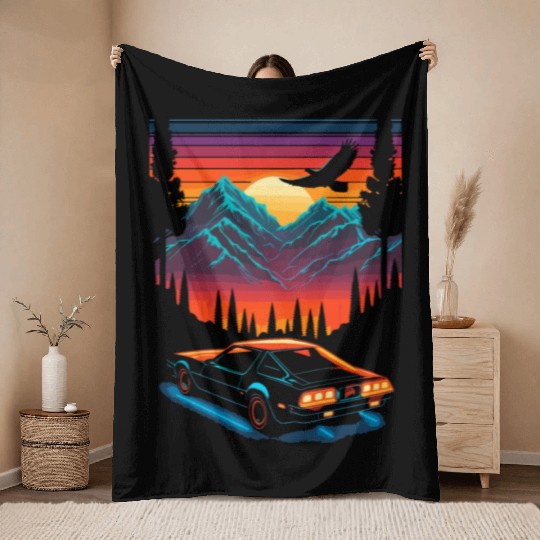 1980s Muscle Car and Retro Neon Mountain Sunset Throw Blankets