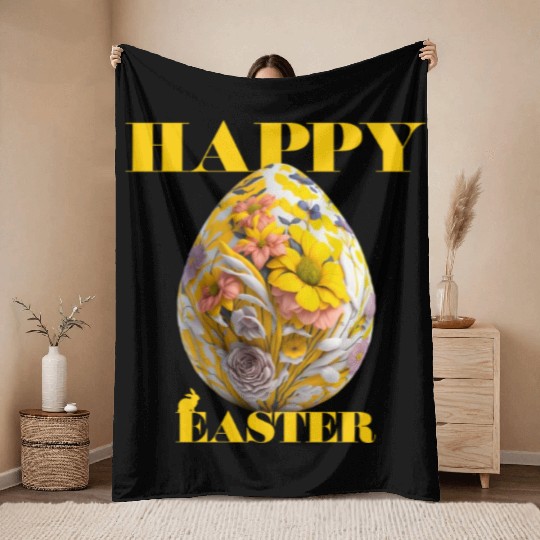 Happy Easter Egg Design with Floral Elements Throw Blankets