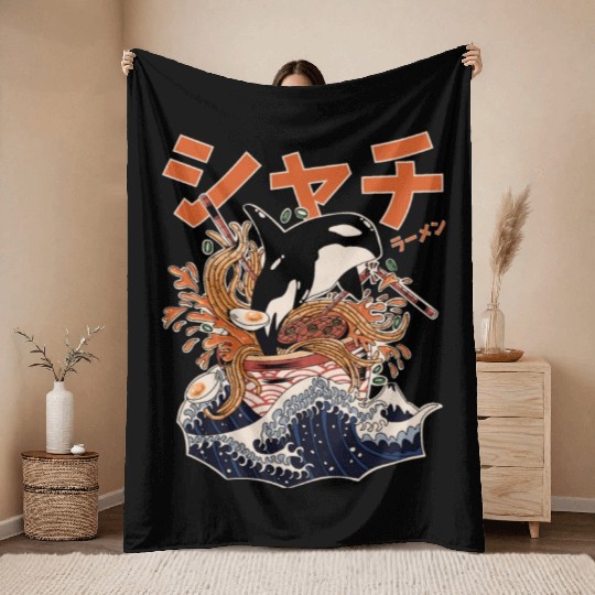 The Great Orca Killer Whale Ramen (Japanese Text) Throw Blankets
