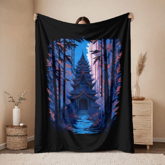 Japanese Temple in a Bamboo Forest Throw Blankets