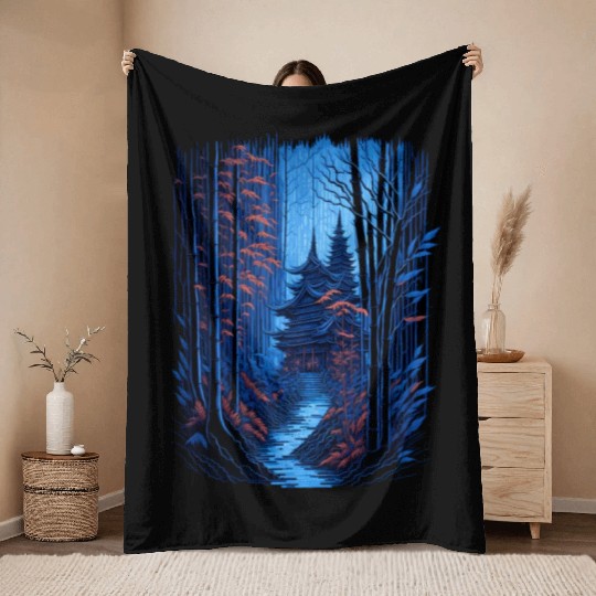 Japanese Temple in a Bamboo Forest Throw Blankets