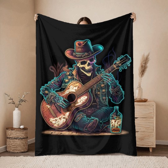 cowboy skeleton play guitar Throw Blankets
