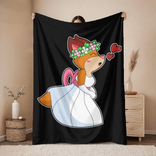 Fox As Bride With With Wedding Dress Flower Wreath Throw Blankets