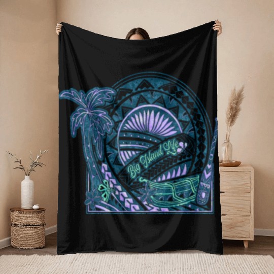 Big Island Outrigger Canoe Teal Tribal Throw Blankets