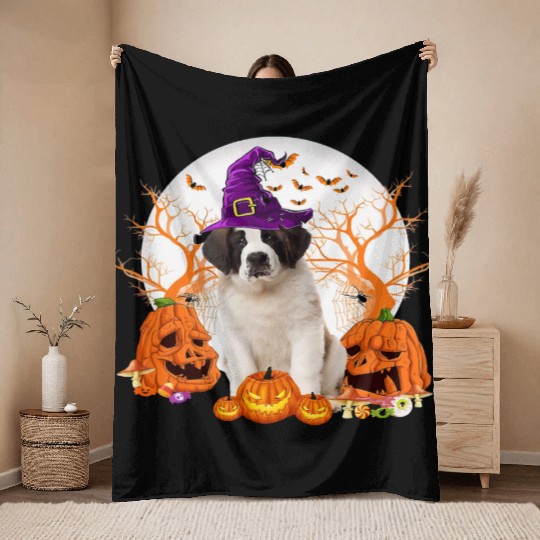 Dog Halloween Saint Bernard Dog Jack O Lantern Throw Blankets