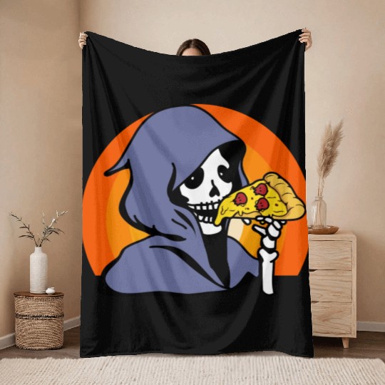 Retro Halloween Pizza Lover Ghost Grim Reaper Throw Blankets