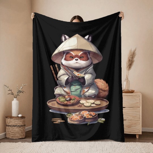 Tanuki Warrior Eat Sushi Throw Blankets