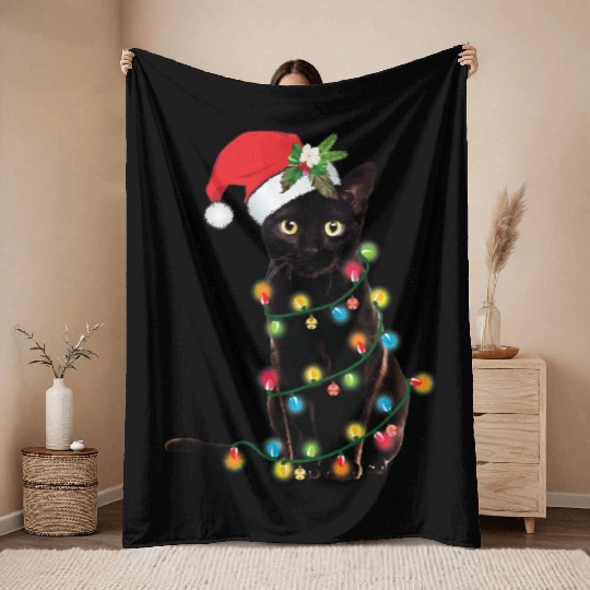 Black Santa Cat Tangled Up In Lights Christmas Throw Blankets