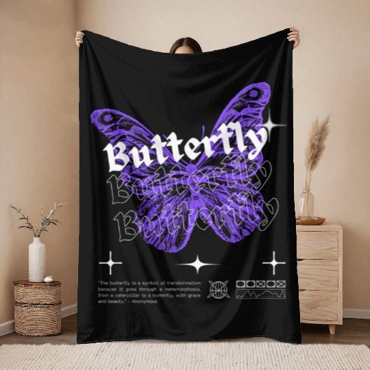 Black Purple White Modern Illustrated Butterfly Throw Blankets