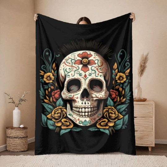 Skull Dia de los Muertos Halloween Tattoo Throw Blankets