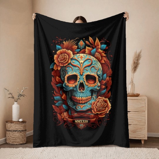 Skull Dia de los Muertos Halloween Tattoo Throw Blankets