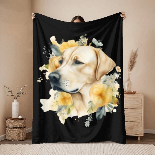 Yellow Lab Dog Watercolor Floral Throw Blankets