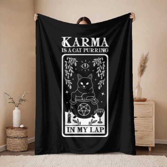 Karma is a Cat Purring in My Lap Witchcraft Tarot Throw Blankets