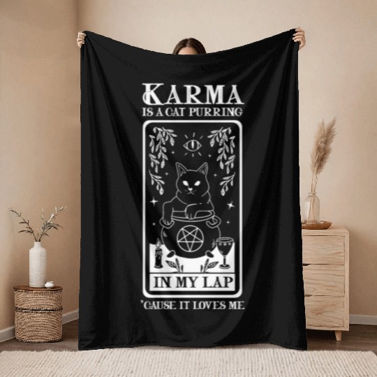 Karma is a Cat Purring in My Lap Witchcraft Tarot Throw Blankets