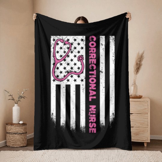 Correctional Nurse American flag US Stethoscope Throw Blankets