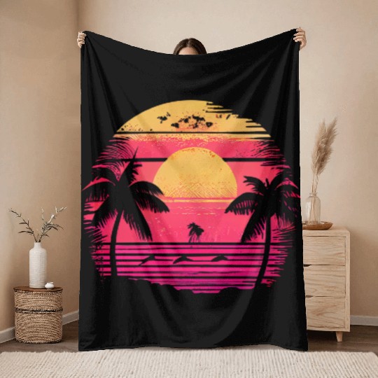Vintage Retro Sunset Watercolor Beach Vacation 1 Throw Blankets