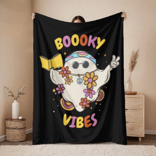 Reading Teacher Halloween Groovy Floral Ghost Throw Blankets