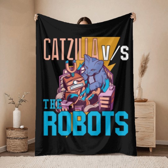 Catzilla Versus Robot Throw Blankets