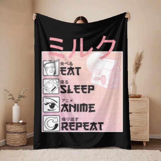 Eat Sleep Anime Repeat Straweberry Milk Japanese Throw Blankets
