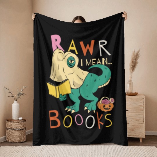 Reading Teacher Halloween T Rex Ghost Book Throw Blankets