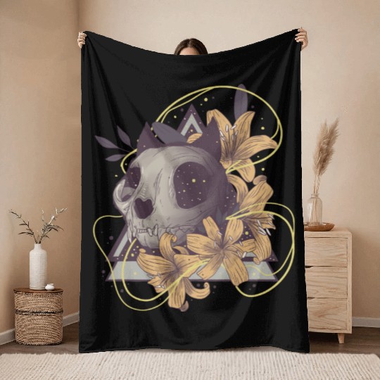 Cat Floral Skull Throw Blankets