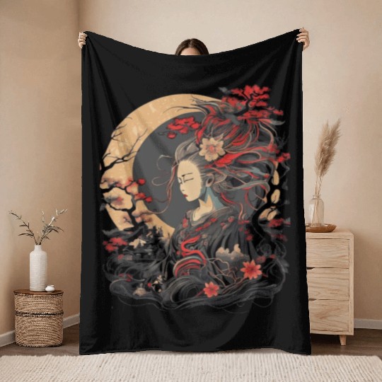 Ancient Japanese Deity Amaterasu Shinto Sun Goddes Throw Blankets
