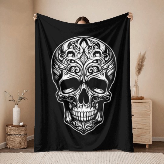 Skull Dia de los Muertos Halloween Tattoo Rose Throw Blankets
