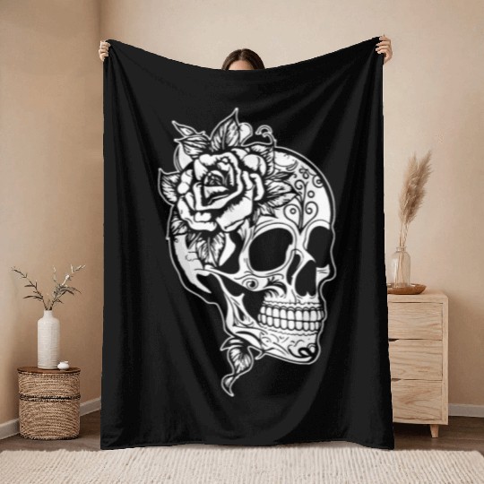 Skull Dia de los Muertos Halloween Tattoo Rose Throw Blankets