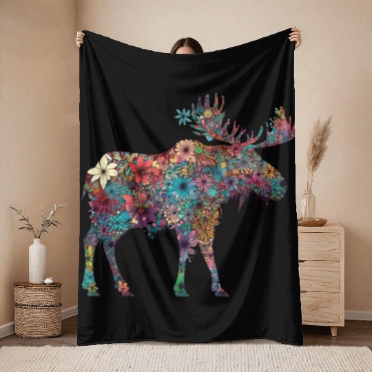 Floral Moose Elk Deer Wild Animal Watercolor 3 Throw Blankets