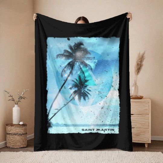 Artistic Saint Martin Palm Tree Vacation Throw Blankets