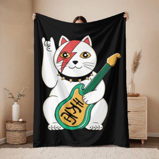 Lucky Cat Guitar Guitarist Throw Blankets