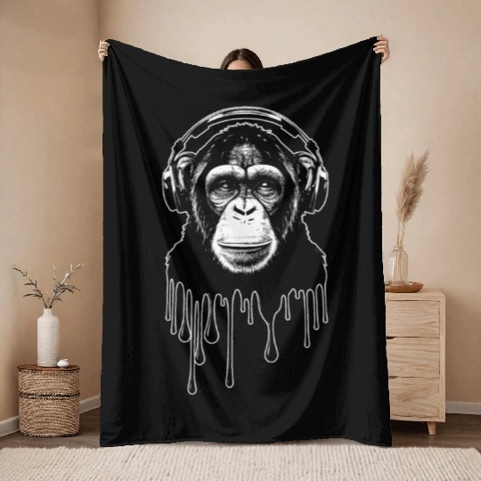 Chimpanzee with Headphones Monkey Music DJ Throw Blankets