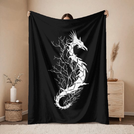 Sea life, sea dragon, white Throw Blankets