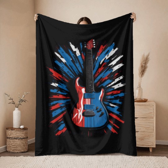 Electric guitar in Union Jack flag colors Throw Blankets