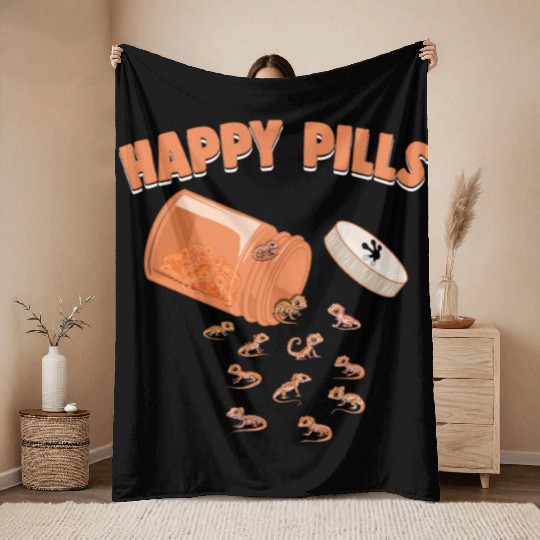 Happy Pills Crested Gecko Funny Lizard Lovers Throw Blankets
